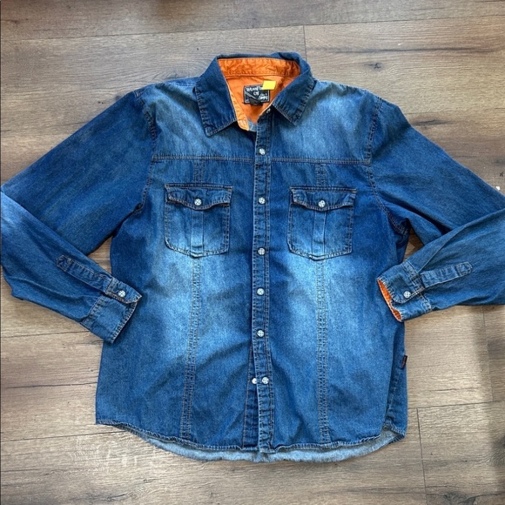 Wear First Denim Button-Up Shirt with Orange Lining ! XL